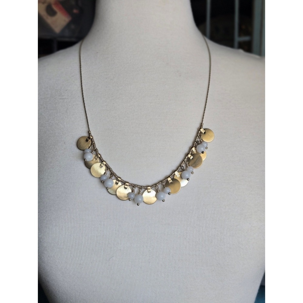Lucky Brand Brushed Gold Tone Disc & White Bead Fringe Necklace